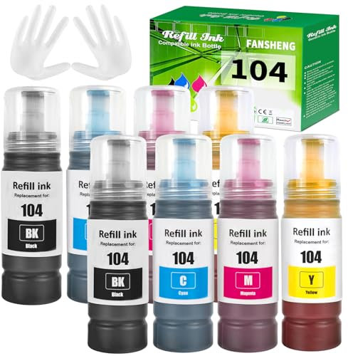 FANSHENG Ink Compatible with Epson ink refill bottles for EcoTank ET-2861 ET-2860 ET-1810 ET-4800 ET-2810 ET-2811 ET-2812 ET-2814 ET-2815 ET-2830 ET-2711 ET-4700 ET-2726 (8 Pack 2BK/2C/2M/2Y)