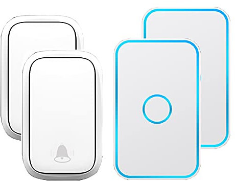 MOKLYF Campanello Senza Fili, Kit Campanello Senza Fili con 2 ricevitori e 2 Pulsanti, campanelli elettrici Impermeabili IP44 con Portata 150 m, 60 rintocchi, Volume a 5 Livelli, Bianco(Nero