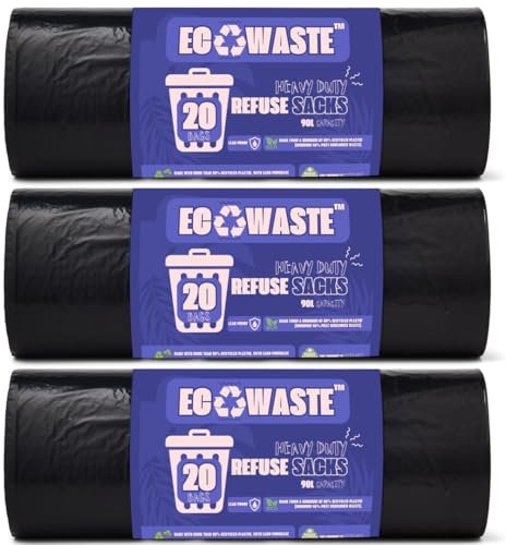 ECOWASTE™ 60 Everyday 100L Large Extra Heavy Duty Strong & Secure, Refuse Sacks, Bin Bags, Bin Liners, Flat Top, Recycled, Tear Resistant, 35 μm, Perfect for Everyday Use, Household, Kitchen | 3x20