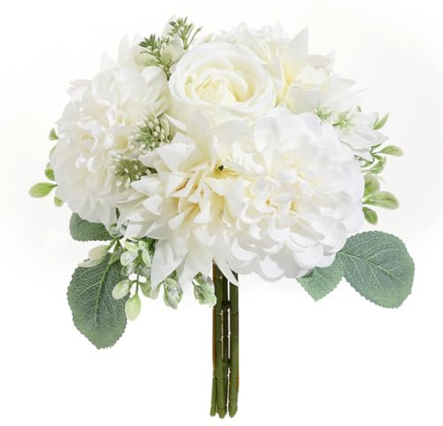 Bouquet matrimoniali per sposa e damigelle, mazzi di rose finte bianche, addobbi per nozze