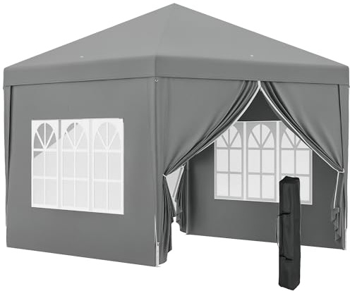 Outsunny Gazebo Plegable 3x3 Pop Up con 2 Puertas y 2 Ventanas, 4 Paneles Laterales y Bolsa de Transporte, Gazebo Exterior de Acero y Tela Oxford, para Jardín, Fiestas, Camping, Gris Claro