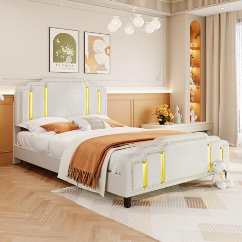 Doppelbett, gepolstert, 140 x 200 cm, aus Samt, Beige, Boxspringbett mit goldenen Stangen, moderner minimalistischer Stil, Schlafzimmer für Erwachsene