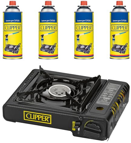 Clipper - Hornillo Camping | Cocina Portátil Estable | Potencia 2,200w | Con Cartuchos de Gas (4 uds)