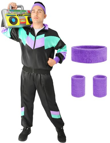 Aomig 90er 80er Jahre Kostüm Zubehör Set Erwachsene 5/8PC Retro Trainingsanzug Unisex Disco Ganzkörperanzug Partner Outfit Jacke Hose Armband und Stirnband 80er Party Bad Taste für Mottoparty Karneval