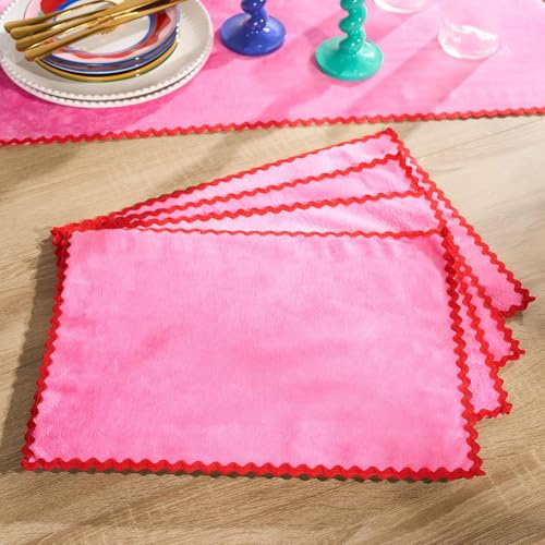 OHS Placemats Set of 4, Scallop Table Placemats Washable Non-slip Heat Insulation Polyester Place Mats for Kitchen Dining Restaurant, Pink/Red - 30 x 40cm