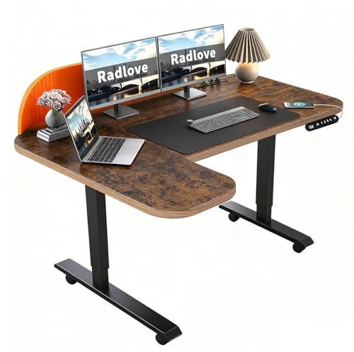 Radlove Höhenverstellbarer Schreibtisch L-Form, Elektrischer Eckschreibtisch 150×68 cm mit LED-Anzeige, USB-C & Orange Trennwand – Height-Adjustable L-Shaped Desk für Homeoffice & Büro, Braun