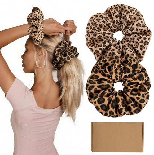 Annauiy XL Chiffon-Satin Scrunchies, 19cm Großer Durchmesser, Leopardenmuster Haargummi Damen,Haargummis für Dickes Haar, 2 Stück