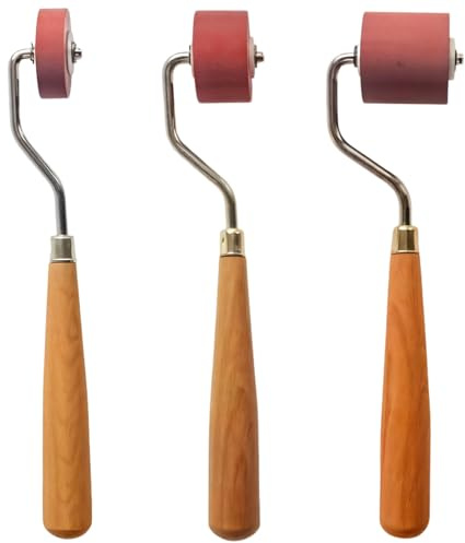 Tressify 3-Piece Ink Roller Set For Printmaking (0.39, 0.79, 1.18 Width), Wooden Handles, Professional Crafting Tools