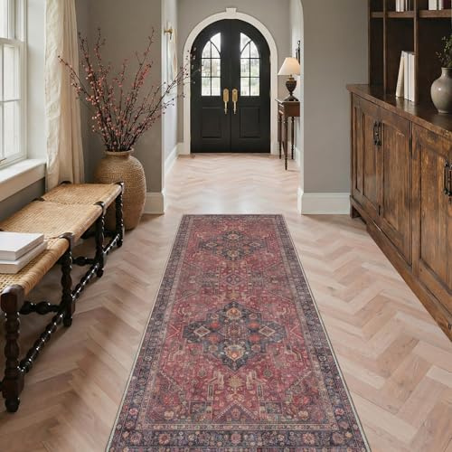 BEIMO Boho Fußmatte Innen 80x150CM, Vintage Fußmatte Waschbar, Kleine Teppiche Orientalisch rutschfest für Haustür, Flur, Küche Rot