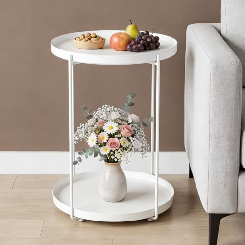 Mai & Mai Beistelltisch rund Ø37×H51 cm, Couchtisch klein Weiß | Balkontisch mit 2 abnehmbaren Tablett aus PP-Kunststoff, Sofatisch für Wohnzimmer, Schlafzimmer und Balkon, Reglo-08