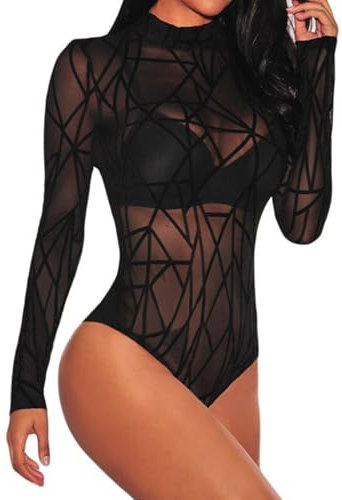 Aranmei Women Sexy Sheer Floral Lace Bodysuit Long Sleeve Teddy Lingerie, L, Black Striped