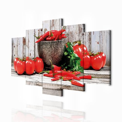 decomonkey Bilder Küche Gemüse 100x50 cm 5 Teilig Leinwandbilder Bild auf Leinwand Vlies Wandbild Kunstdruck Wanddeko Wand Wohnzimmer Wanddekoration Deko Paprika Tomate rot Holz Brett grau