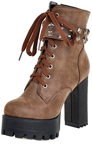 SJJH Damen Plateau Stiefeletten mit hohem Blockabsatz und Niete (Braun, 44 EU)