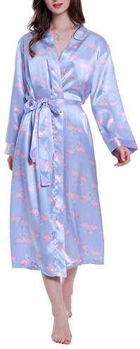 Lavenderi Peignoir long classique en satin pour femme, Flamants roses, Large