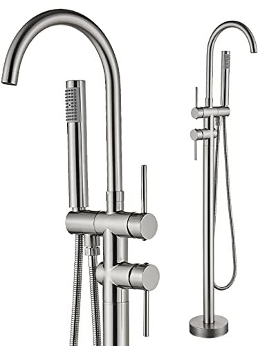 Rozin Freistehende Badewannen Armatur Nickel Gebürstet Messing Wasserhahn 2 Griffe 360°Drehbarer Auslauf mit Handbrause 150cm Schlauch Badezimmer Wannenarmaturen