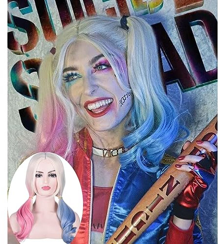 TANTAKO Lange Wellige Blonde Rosa Blau Synthetische Haare Mittelteil Perücken für Damen Mädchen Cosplay Halloween Kostüm Party