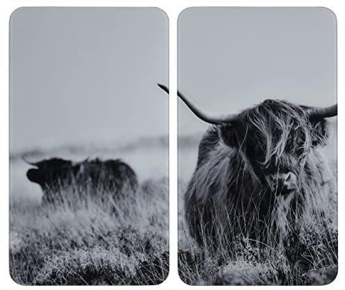 WENKO Herdabdeckplatte Universal Highland Mod. Cattle, 2er Set, Herdabdeckung für alle Herdarten, Gehärtetes Glas, 30 x 52 cm, grau