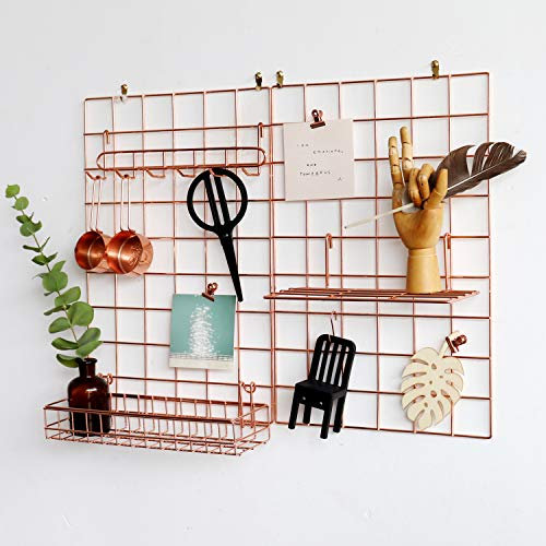 FRIADE Wandgitter-Panel für Foto-Display, Wandaufbewahrung, Organizer, 5 Metall-Clips, 3 S-Haken, 4 Nägel, 4 Kunststoff-Hängeschnallen und 4 Schrauben, Größe 44,5 x 30 cm, 2 Stück (Roségold)