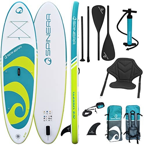 SPINERA Classic SUP 9'10 Pack 3 – SUP & Kajak Set 300x76x15 cm mit Dual Paddle, Kajaksitz, Leash, Pumpe & Rucksack – Vielseitig für Sitzen & Stehen auf dem Wasser
