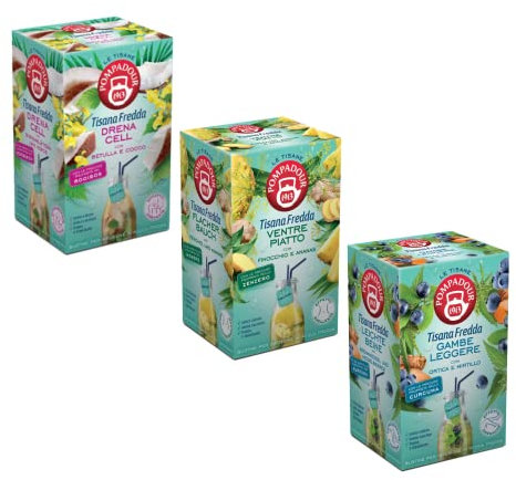 Pompadour 1913 | Tisana Fredda Drena Cell Betulla Cocco + Ventre Piatto Finocchio Ananas + Gambe Leggere Ortica Mirtillo | 3 x 18 Bustine (135 Gr) | Tisane Fredde Assortite