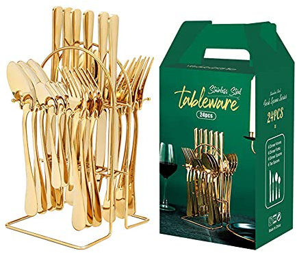 XJST Set da Pranzo in Acciaio Inox, Coltello Forchetta Set di Cucchiaio Ideale per Campeggio/Feste, Posate/Argenteria/Home - Servizio per 6,d'oro