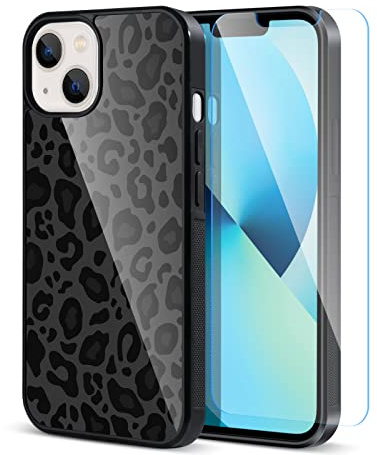 TEAUGHT Compatible with iPhone 13 Case (2021) 6.1 inch, Cute Pattern Black Leopard + Screen Protector Tire Shockproof Cover, Designed for iPhone 13 Case for Girls Women