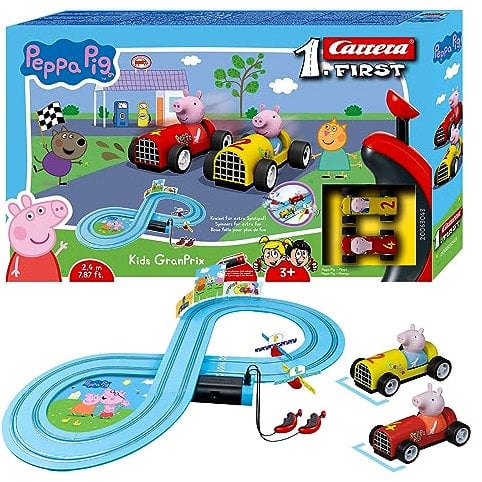 Carrera First Peppa Pig Kids Rennbahn-Set | Peppa vs. George | 2,4m Spielstrecke | Spaß mit Peppa Pig | Ab 3 Jahren | Batteriebetrieben