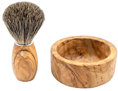 DOVO Premium Rasierpinsel Set - Naturhaarpinsel aus reinstem Dachshaar & Olivenholz Seifenschale - Herren Geschenk Set - Klassische Nassrasur