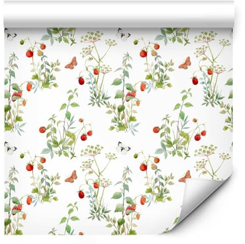 murando - Vlies Tapete Deko Panel Fototapete Blumen Erdbeeren Wanddeko 10 m Tapetenrolle Mustertapete Wandtapete modern design Dekoration - Natur Blätter Obst Schmetterling b-B-10079-j-a