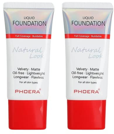 Glamza Phoera Foundation-Make-up-Set mit vollständiger Abdeckung – 24 Stunden lang anhaltende Ölkontrolle – dieselbe Foundation, intelligentere Verpackung – inkl. 2 x 30 ml Foundation (104A Natural