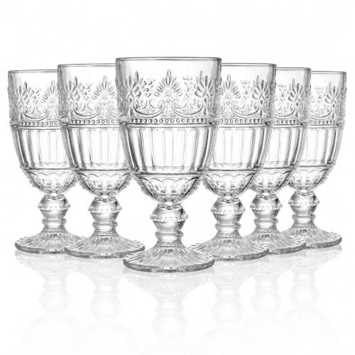 AVLA 6 Pack Glass Goblet, 350 ml /12 OZ Vintage Wine Glassware, Romantic Wedding Glass Set, Drinking Stemware Beverage Cups for Party, Bar, Champagne, Juice, Beer, Cocktail, Embossed Design