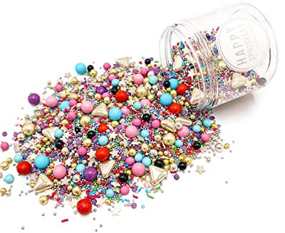 Happy Sprinkles Celebrations 90g | Streusel Mix bunt | Zuckerstreusel zum Backen und Verzieren von Torten Kuchen Plätzchen Cupcakes Eis | mit roten und blauen Schoko Perlen & Sterne