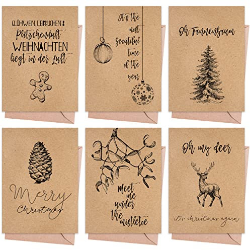 Weihnachtskarten mit Umschlag Set (12 Stück) - A6 Klappkarten für Weihnachten - Christmas Postkarte mit Umschlägen für deine Weihnachtsgrüße - Coole Weihnachtspostkarten mit und ohne Sprüche