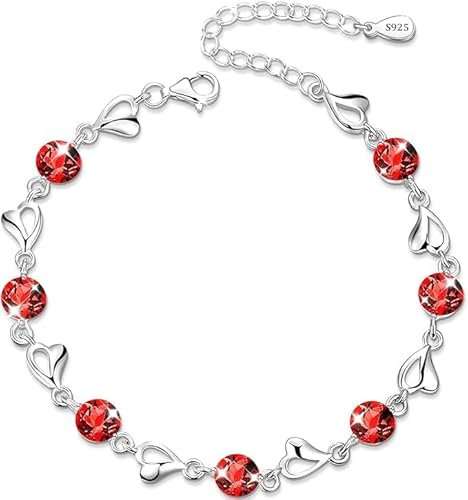 Kaguyo Silberne Armbänder für Frauen, Kristallarmbänder, klares Amethyst-Rosa-Rot-Blau-CZ-Freundschaftsarmband in Herzform für Frauen und Mädchen, Geburtstagsgeschenk (red)