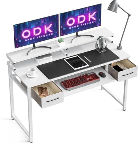 ODK Schreibtisch Weiß mit Schubladen, 120x48x87cm Computertisch mit Tastaturauszug, Gaming Schreibtisch mit Monitorablage Höhenverstellbaren Bürotisch PC-Tisch Officetisch für Home Office