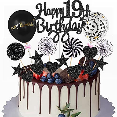 Yunchu Online Happy 19th Birthday Tortendeko Schwarz für Junge Mädchen - Kuchen Topper 19 Jahre Kuchendeko - Cupcake Toppers Geburtstag Deko