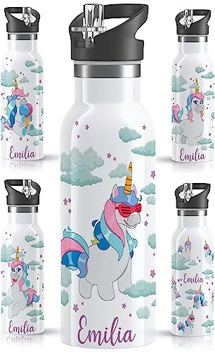 OWLBOOK® Kinder Edelstahl Trinkflasche mit Strohhalm 600 ml | Spülmaschinenfest & BPA Frei | Personalisierte Geschenke für Mädchen zur Einschulung Geburtstag Schulanfang | Cooles Einhorn