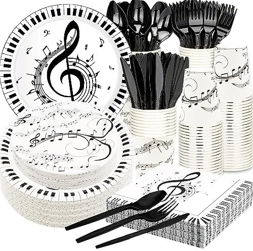 Serve25 Musik-Partyzubehör, Musiknoten, Partygeschirr-Set, 22,9 cm und 17,8 cm, Musiknoten, Pappteller, Servietten, Tassen, Messer, Gabeln, Löffel für Musiknoten, Thema, Musik, Geburtstag, Party,