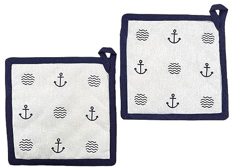 BUSDUGA 4354 Lot de 2 maniques, de style maritime, 20 x 20 cm, rayures bleues et blanches, au choix entre deux variantes (blanc)