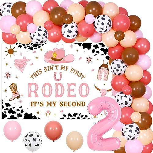 My 2nd Rodeo Birthday Decorations Girl - Boho Cowgirl Balloon Garland Arch Kit with This Ain't My First Rodeo Its My Second Birthday Backdrop, Number 2 Foil Balloon for Western Theme Party Supplies