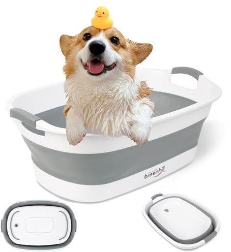BREENHILL Collapsible Pet Bathtub with Water Drain Plug, Small Pets Portable Bath Tub for Puppy Small Dogs Cats, Portable & Space Saving Design, Grey