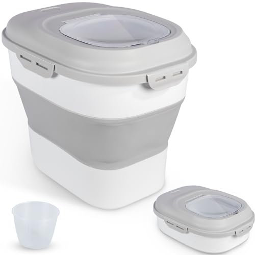 ANWA Dog Food Storage Container Magnetic Lid Locking System, Airtight Folding Pet Food Container with Measuring Cup, Collapsible Cat Food Storage Bin on Wheels