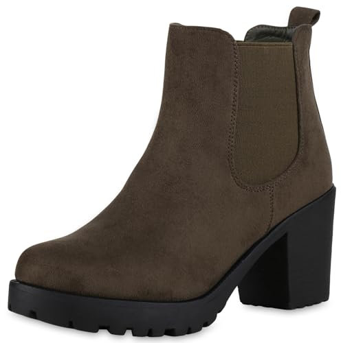 VAN HILL Damen Stiefeletten Chelsea Boots Profil Sohle 70's Schuhe 611528 Dunkelgrün 38