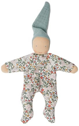 Käthe Kruse Schmusepuppe Nini Federleicht – Handgefertigte Waldorfpuppe mit Türkiser Zipfelmütze und Anzug mit Blumenprint, 23 cm, Bio-Baumwolle, ab 0 Monate