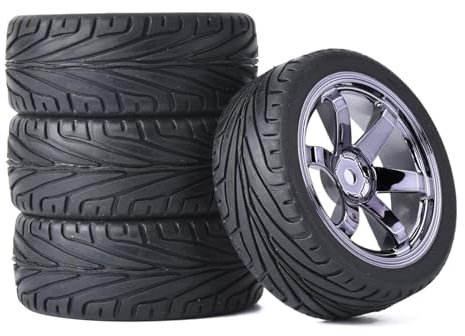 RC Auto Reifen und Räder Set,KINGCOO 4Stück 65mm Gummireifen und Kunststoff Räder 6 Speichen Felgen 12mm Hex für 1/10 RC On-Road Touring Racing Auto für HSP HPI Kyosho Tamiya (Grau)