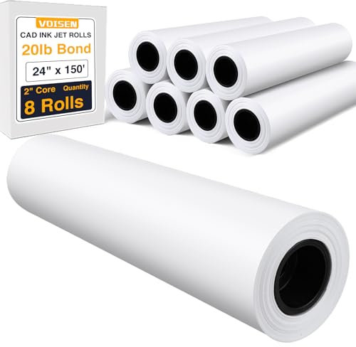 VOISEN Breitformat-Papier, 8 Rollen Plotterpapier, 61 cm x 45 m, CAD-Bond-Rollen, 9 kg, Bondpapier auf 5,1 cm Kern für CAD-Druck auf Breitformat-Tintenstrahldruckern