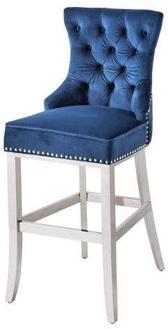 Riess Ambiente Design Barhocker Castle Deluxe Royalblau Samt Silber Edelstahl Chesterfield Barstuhl Tresenstuhl Küchenstuhl Samtstuhl hoher Stuhl Hocker
