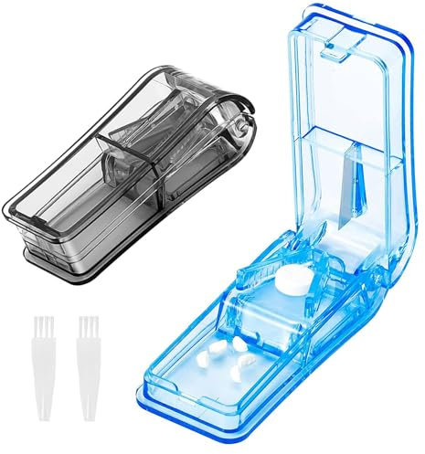 Tablettenteiler für Große und Kleine Tabletten [2 Stück], Tablettenschneider, Pillenteiler, Medikamententeiler, Pillenschneider mit Tablettenaufbewahrungsfach, teilt Pillen exakt (Blau)