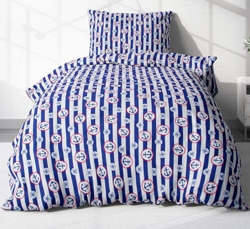 Heubergshop 2-teilige Renforcé Bettwäsche 135x200cm und 80x80cm - Anker mit Streifen in blau, weiß und rot - 100% Baumwolle, Bettgarnitur (KY-600/1-Renforce)