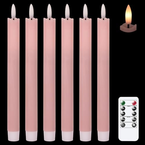 Eldnacele LED Stabkerzen mit Timerfunktion, flackernde Flamme LED Echtwachskerzen mit Fernbedienung, Rosa Stabkerzen led 6 Stück (2 x 25CM) für Weihnachtsdeko, Zimmer Deko, Hochzeit und Party